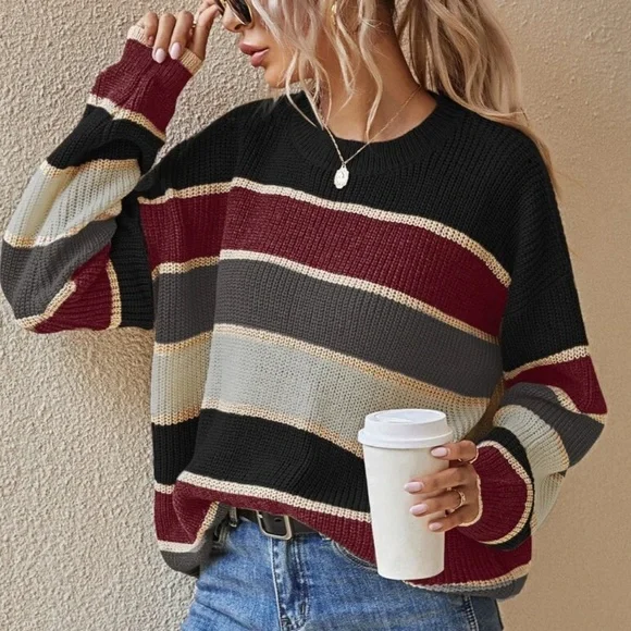 Cozy Color Block Knit Oversized Sweater Top - Picture 4 of 8